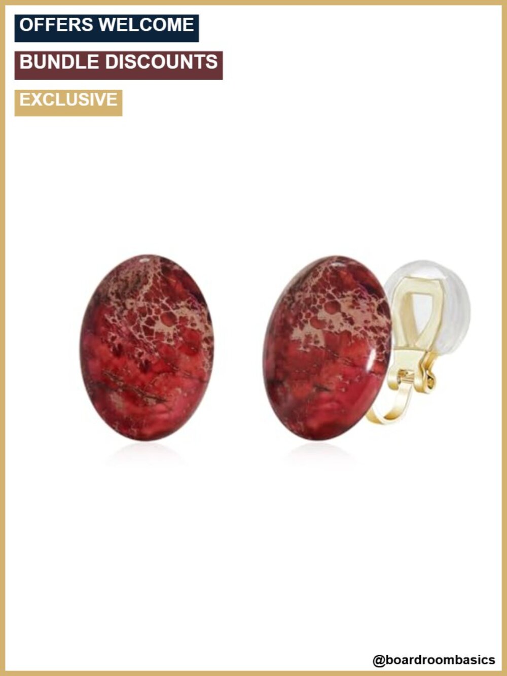 Natural Stone Clip On Stud Earrings Gold Plated Oval Non Pierced